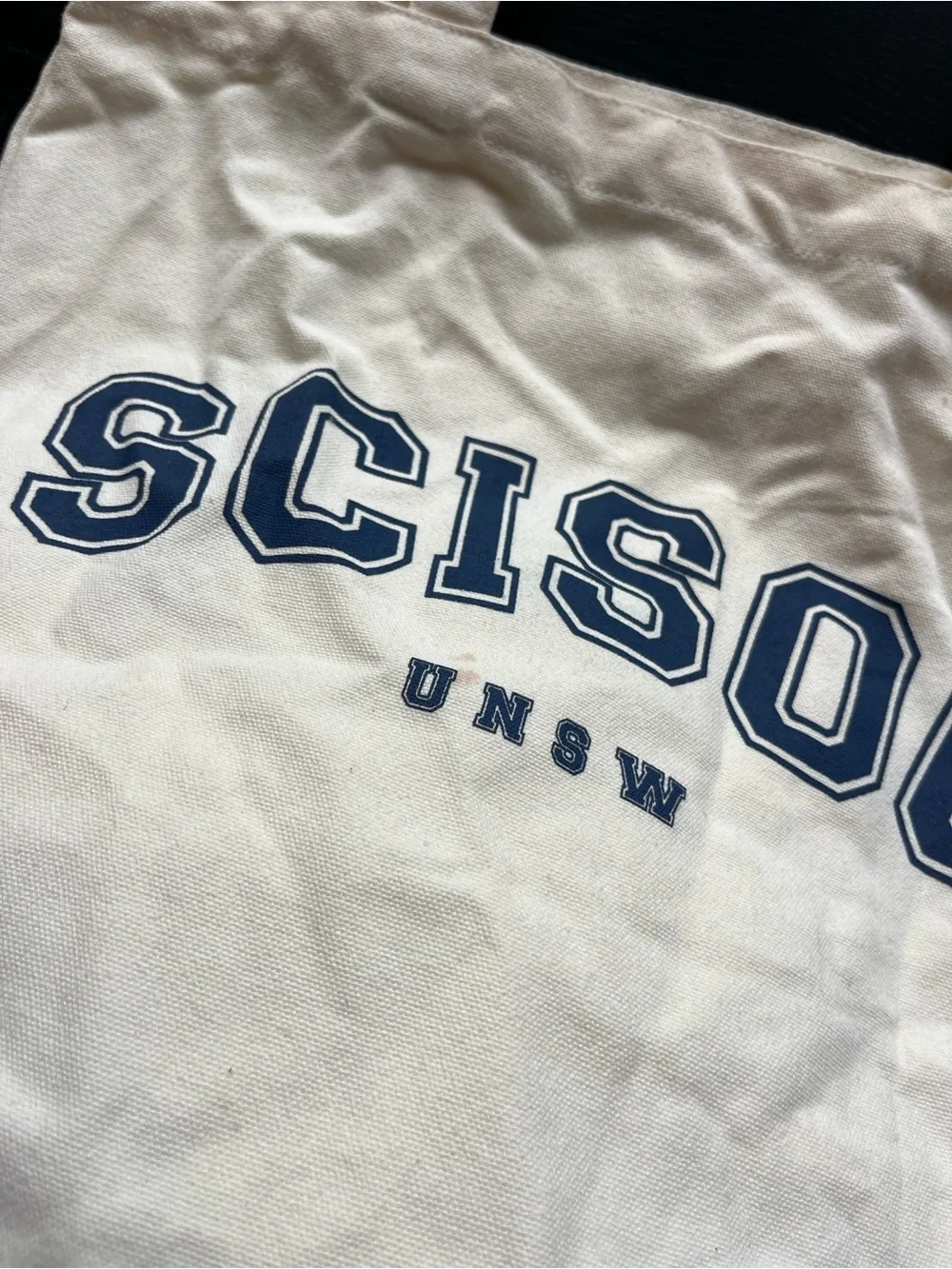 UNSW SCISOC Off White Canvas Tote Bag Small Navy Blue Graphic Print Pockets